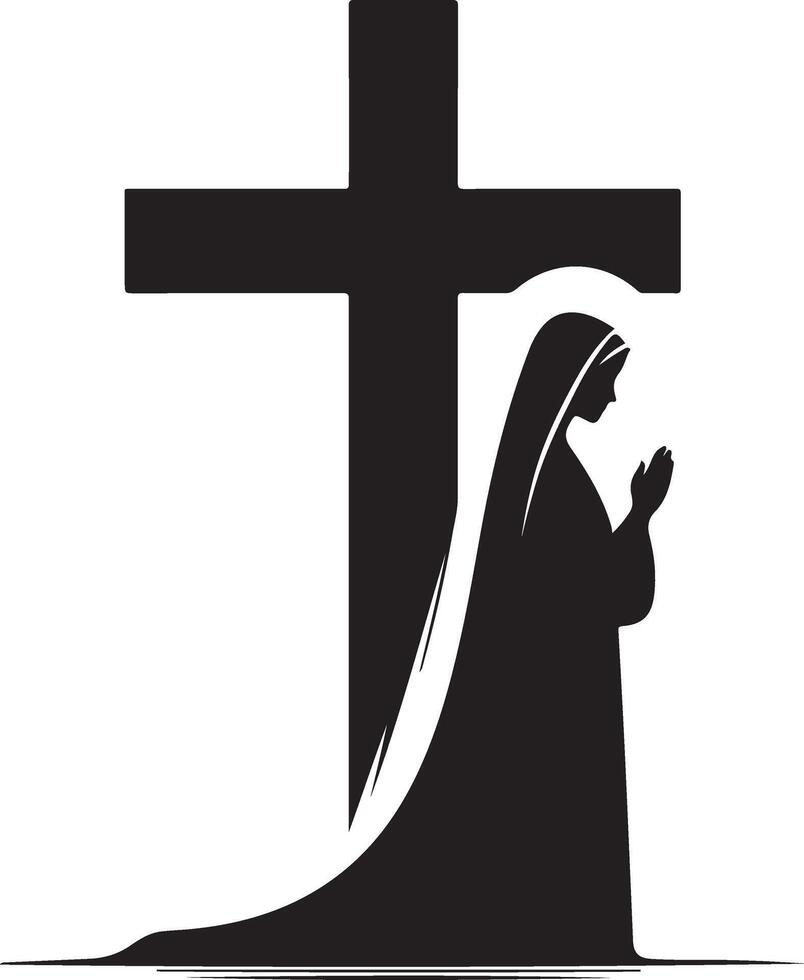 a silhouette of a woman praying at the cross vector