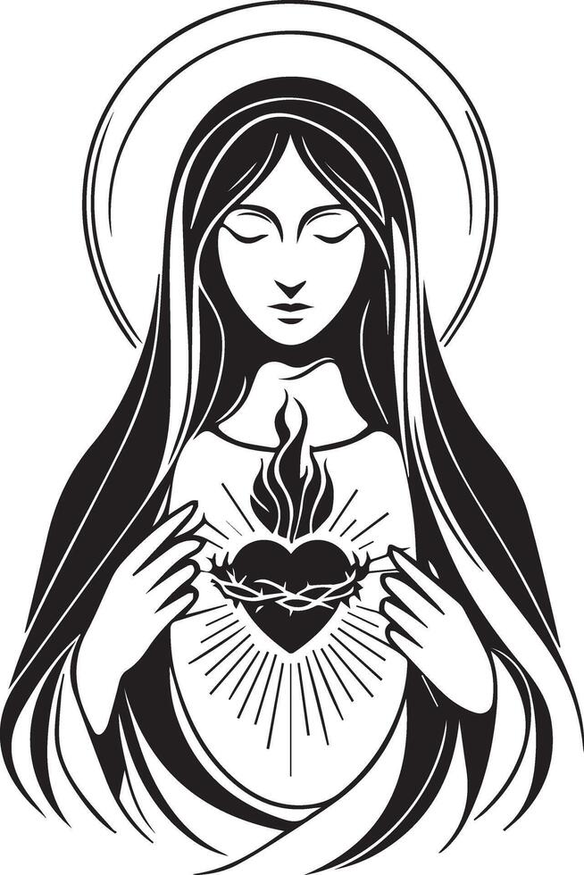 the virgin mary holding a heart and a flame vector