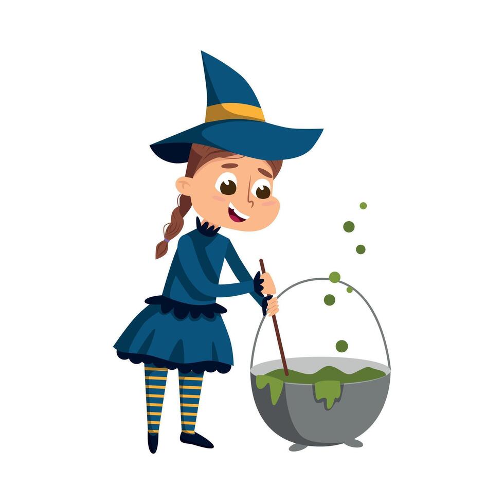 Joyful Little Witch Brewing Potion in Cauldron, Cute Girl Wearing Blue Dress and Hat Practicing Witchcraft Cartoon Style Illustration vector