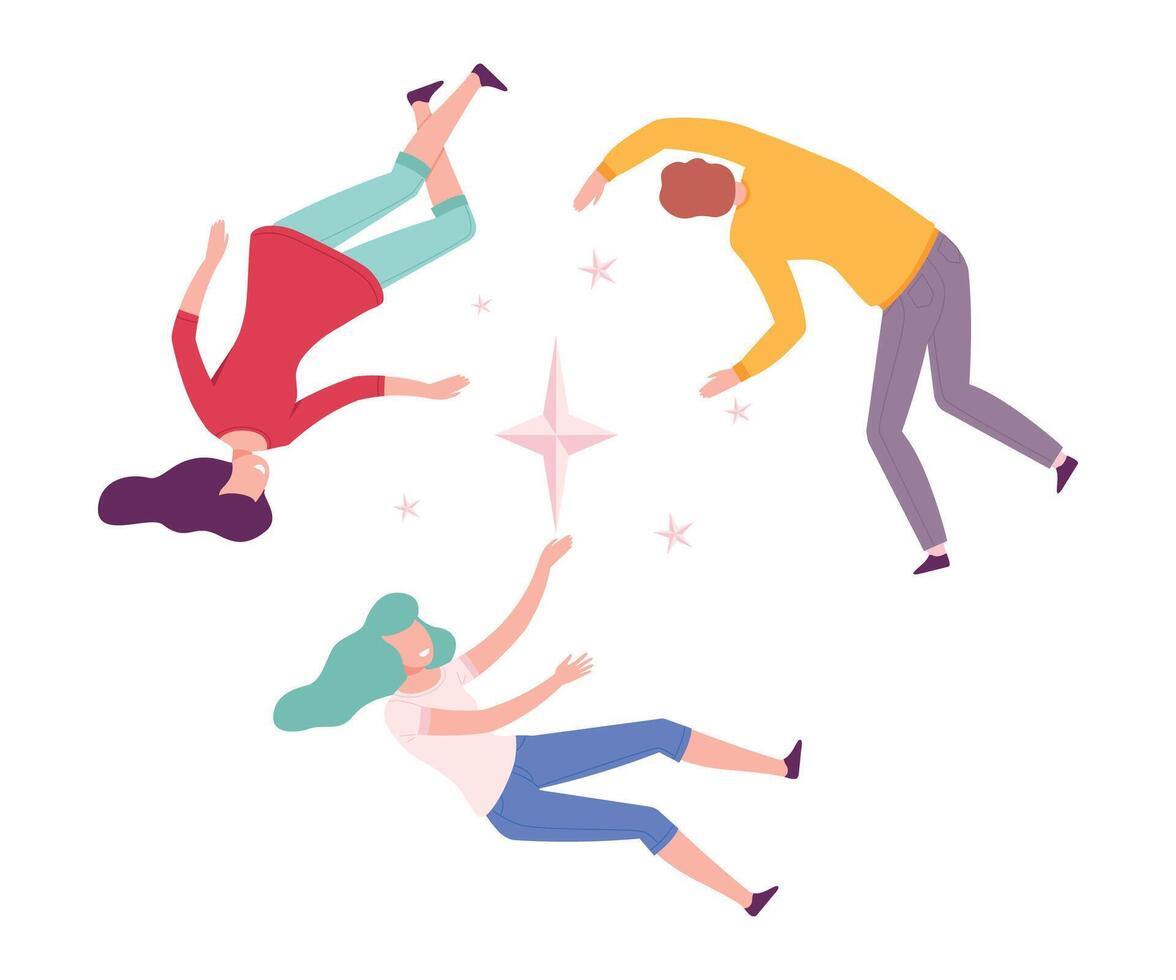 Group of People Floating in Imagination Dreams, Male and Female Person Flying in Dreams or Sky Wearing Casual or Sleepwear Clothes Flat Style Illustration vector