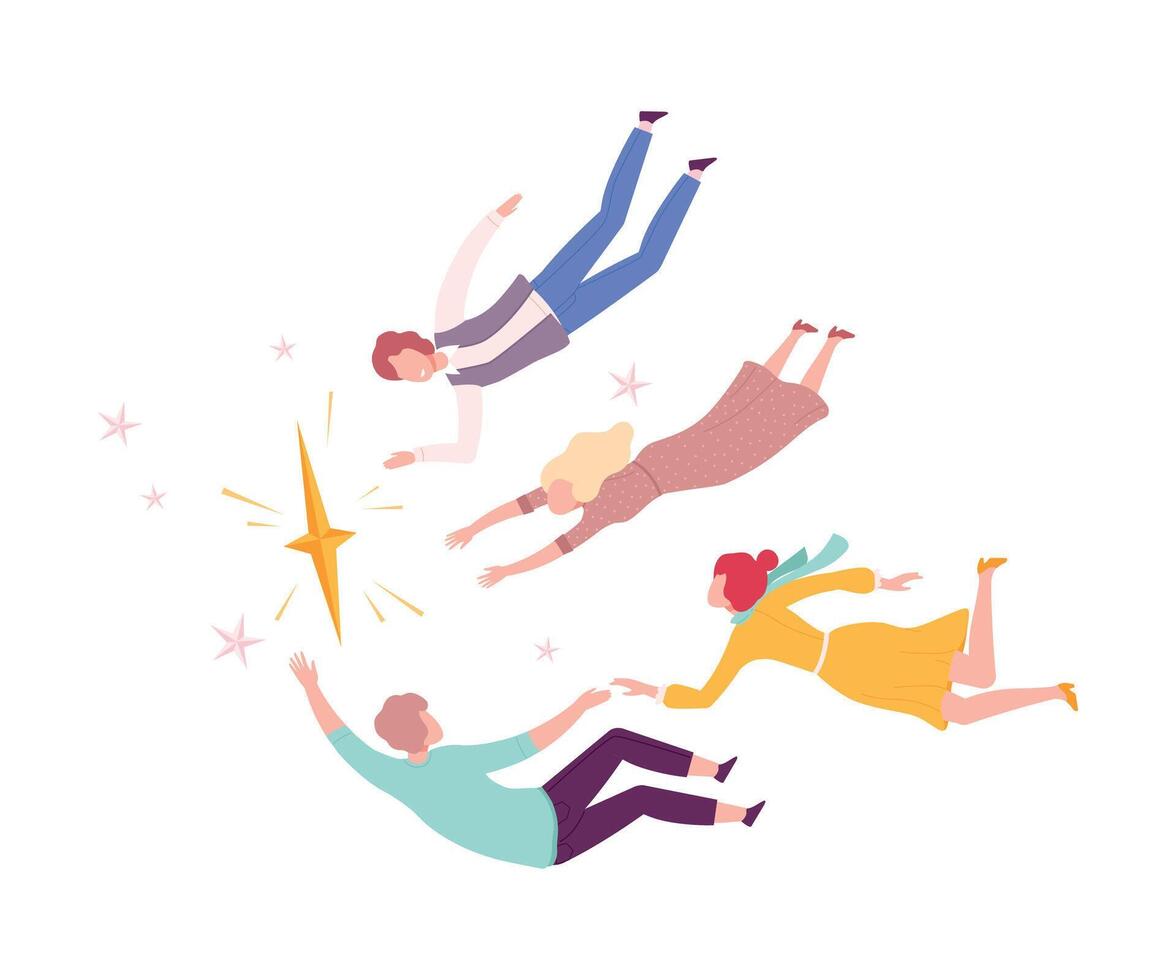 Group of People Floating in Imagination Dreams, Male and Female Person Flying in Sky with Stars Wearing Casual Clothes Flat Style Illustration vector
