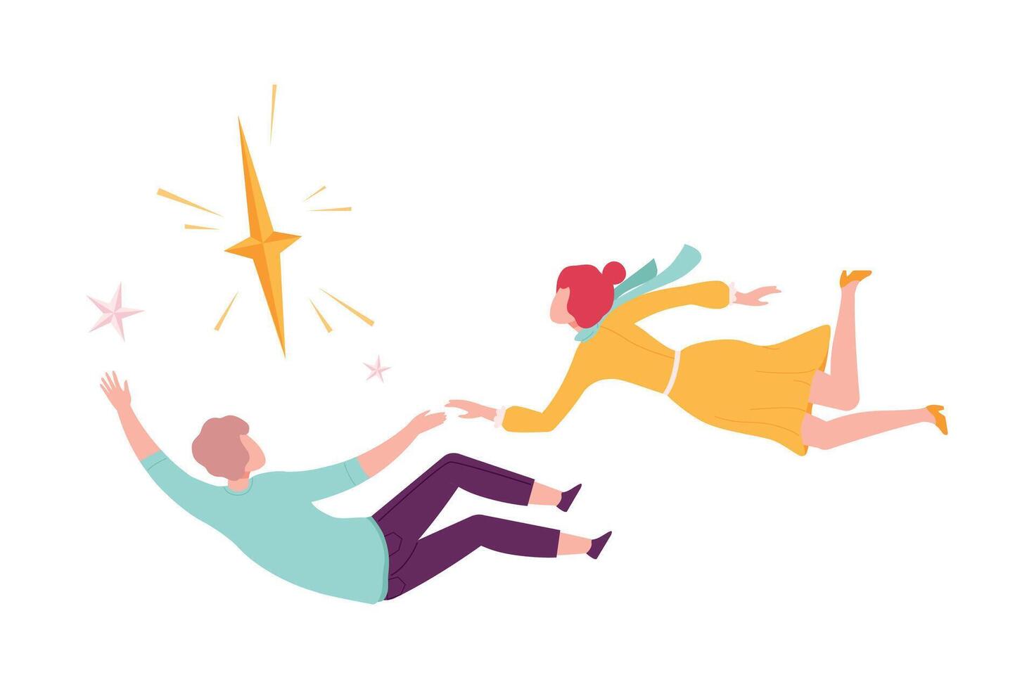 Couple Floating in Imagination Dreams Holding Hands, Man and Woman Flying in Dreams or Sky Wearing Casual or Sleepwear Clothes Flat Style Illustration vector