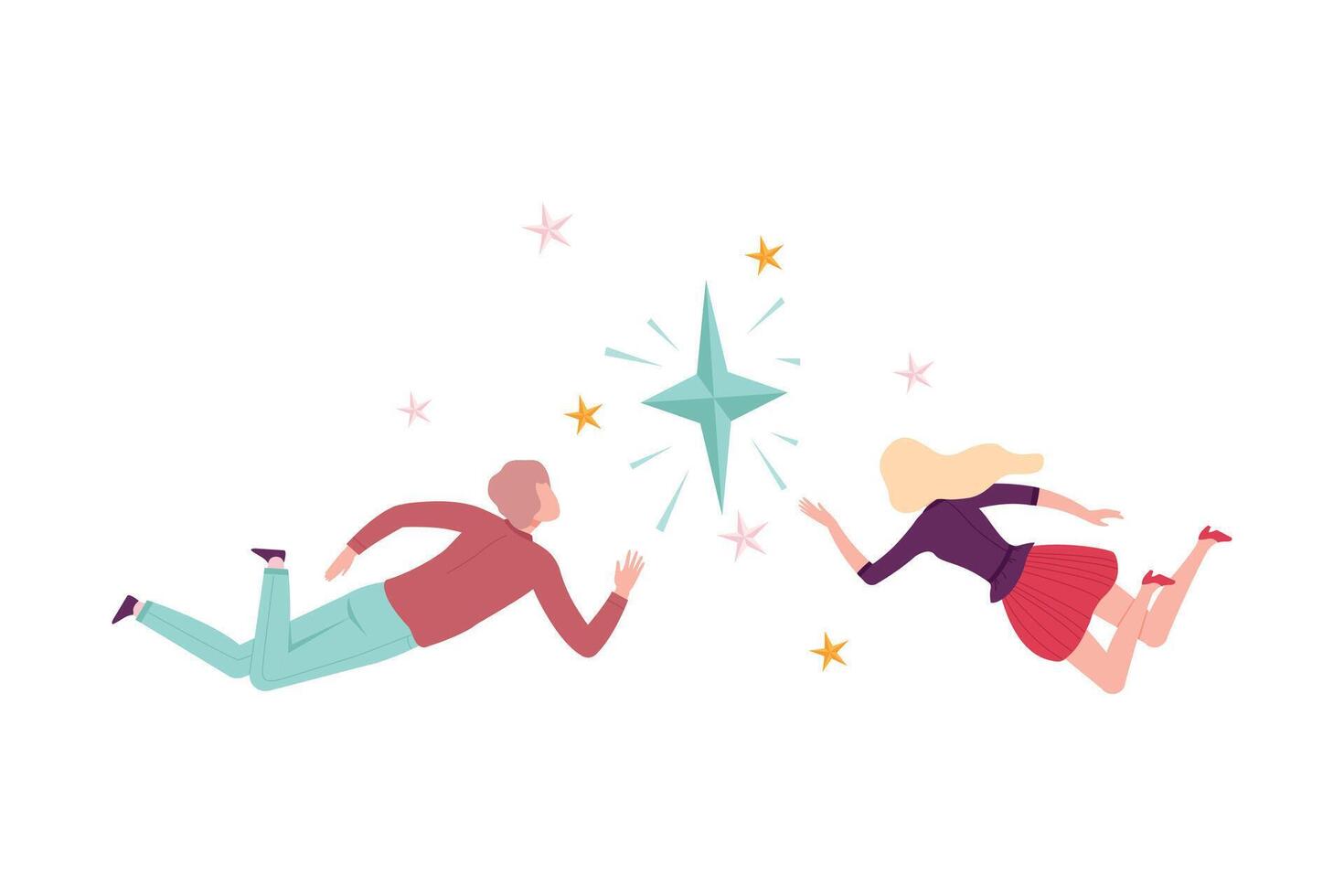 Couple Flying to the Star, Man and Woman Flying in Dreams or Sky Flat Style Illustration vector