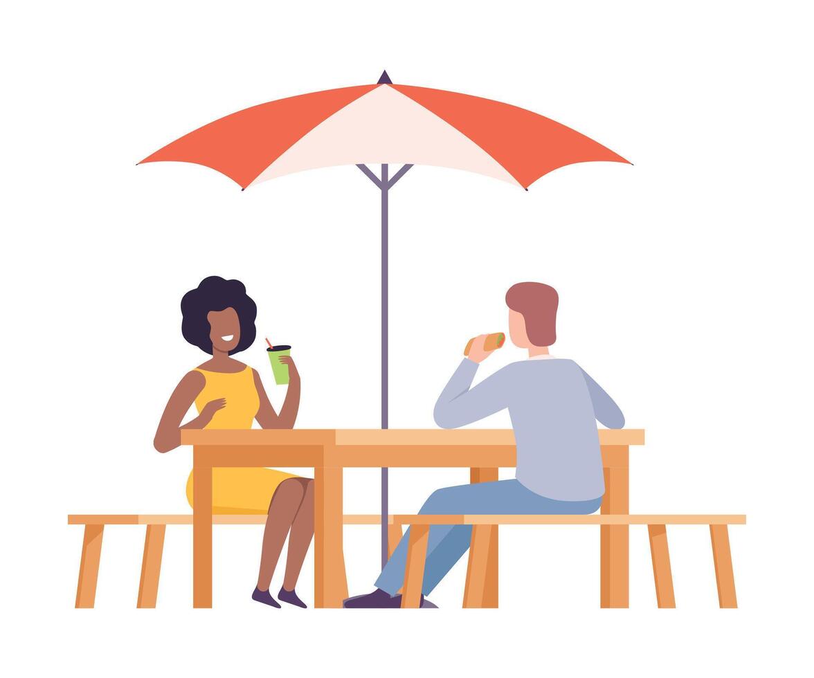 Young Man and Woman Sitting at Table Drinking Coffee and Eating in Outdoor Cafe at Summer Time Flat Style Illustration vector