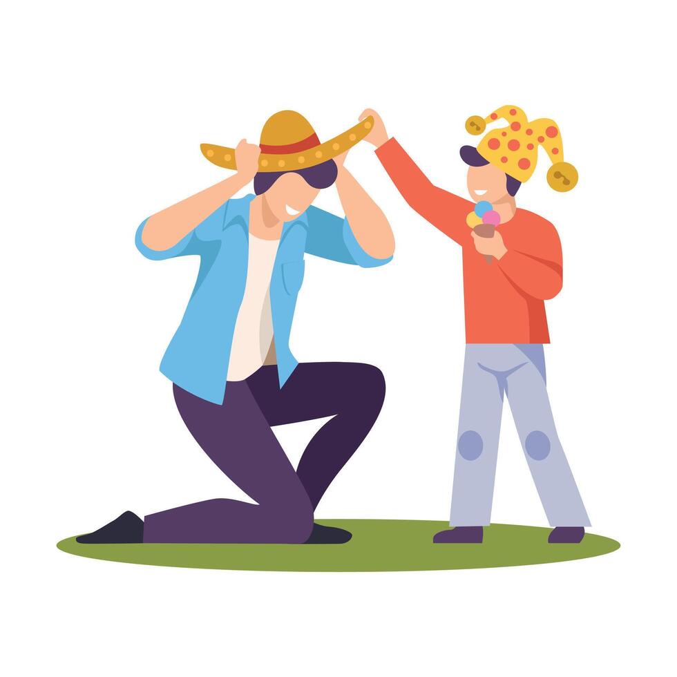 Father and Son Playing in the Park Outdoors Flat Style Illustration vector