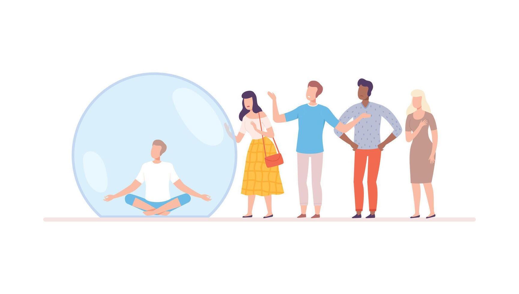Young Man Meditating in Transparent Protective Bubble, Separation from Society or Solitude Concept Flat Style Illustration vector