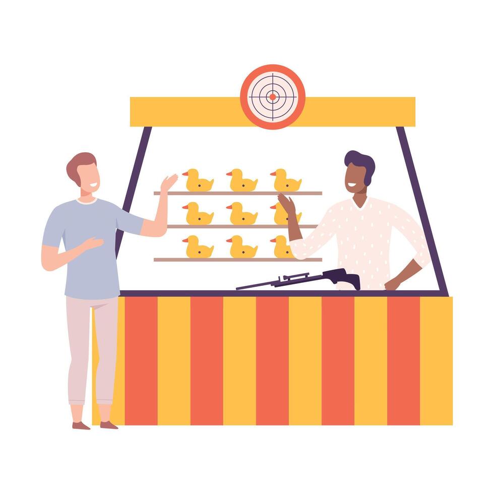 Young Man Won Prize at Shooting Range Gallery at Amusement Park or Funfair Entertainment Flat Style Illustration vector