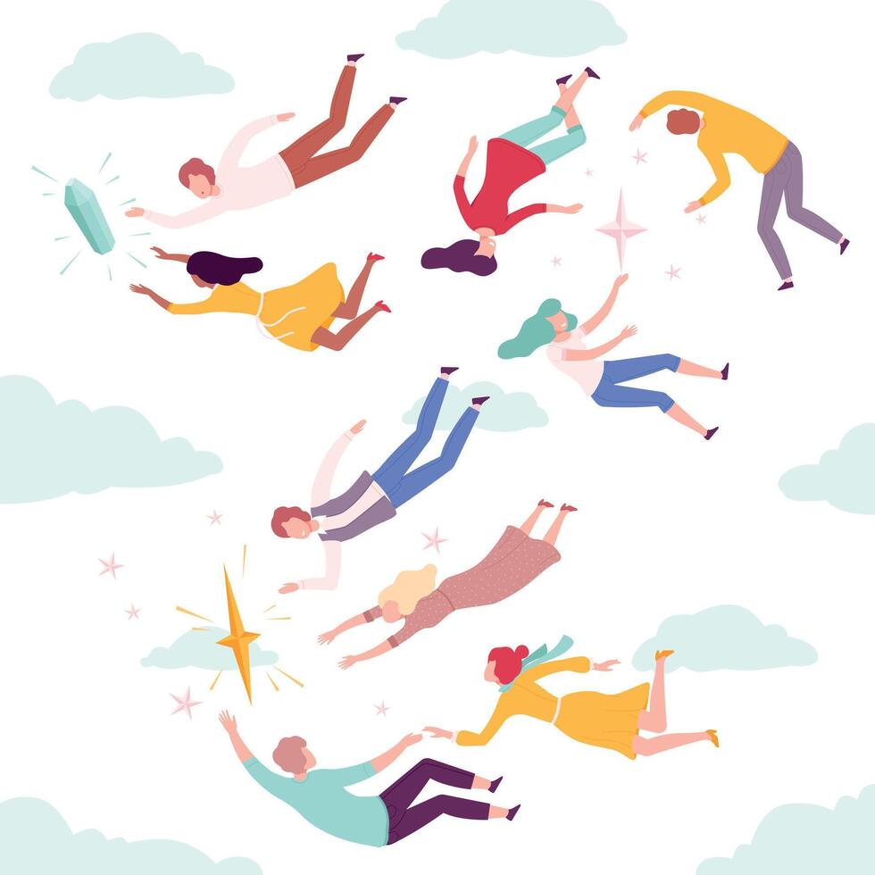 People Flying in the Sky Set, Men and Women Floating in Imagination Dreams Wearing Casual Clothes Flat Style Illustration vector