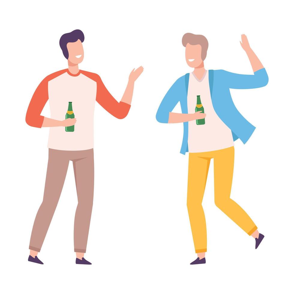 Two Young Men Drinking Beer at BBQ Party or Picnic, Summer Vacation, Outdoor Leisure Flat Style Illustration vector