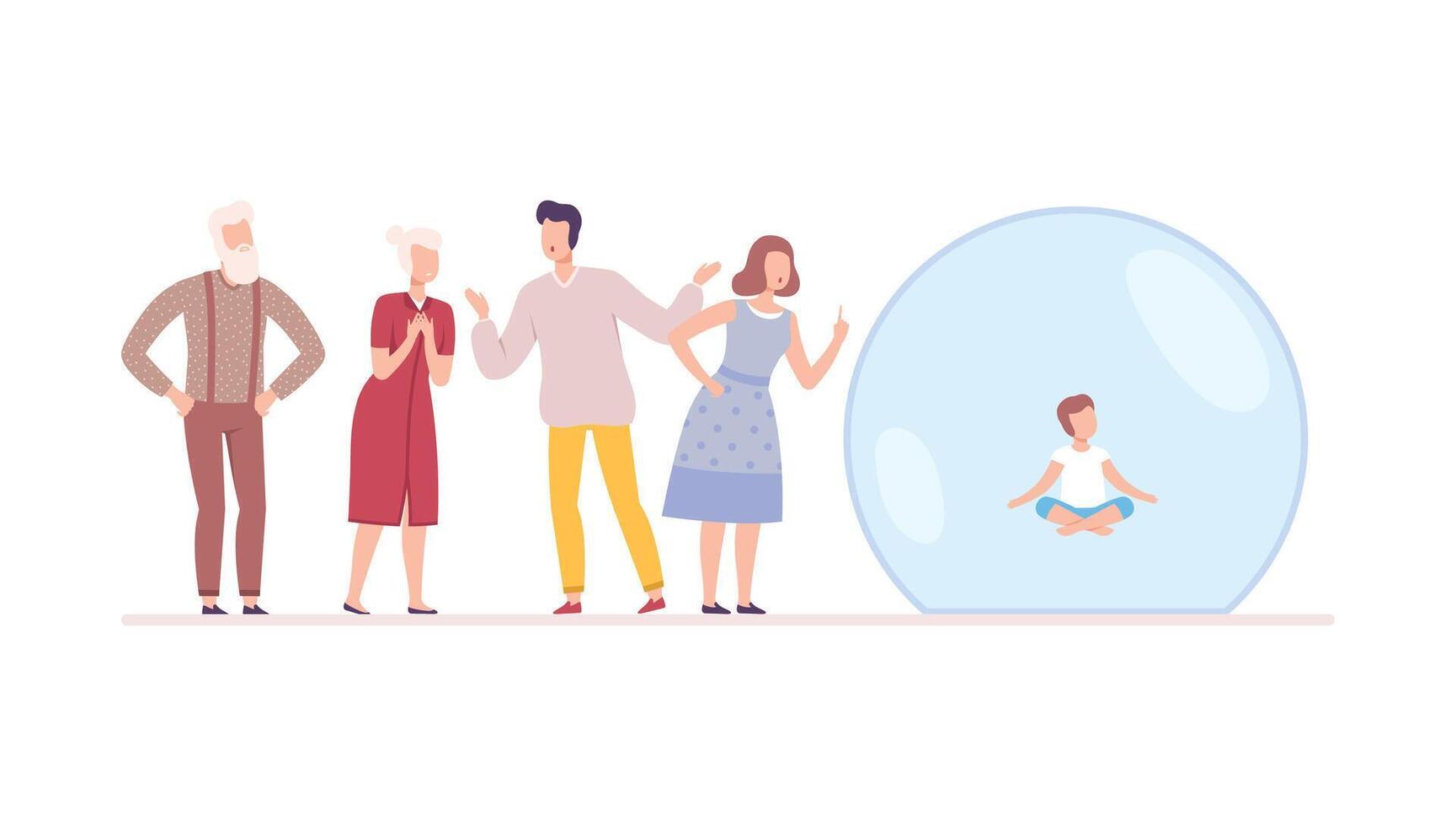 Little Boy Meditating in Transparent Protective Bubble, Parents and Grandparents Trying to Reach Him, Separation from Society Concept Flat Style Illustration vector