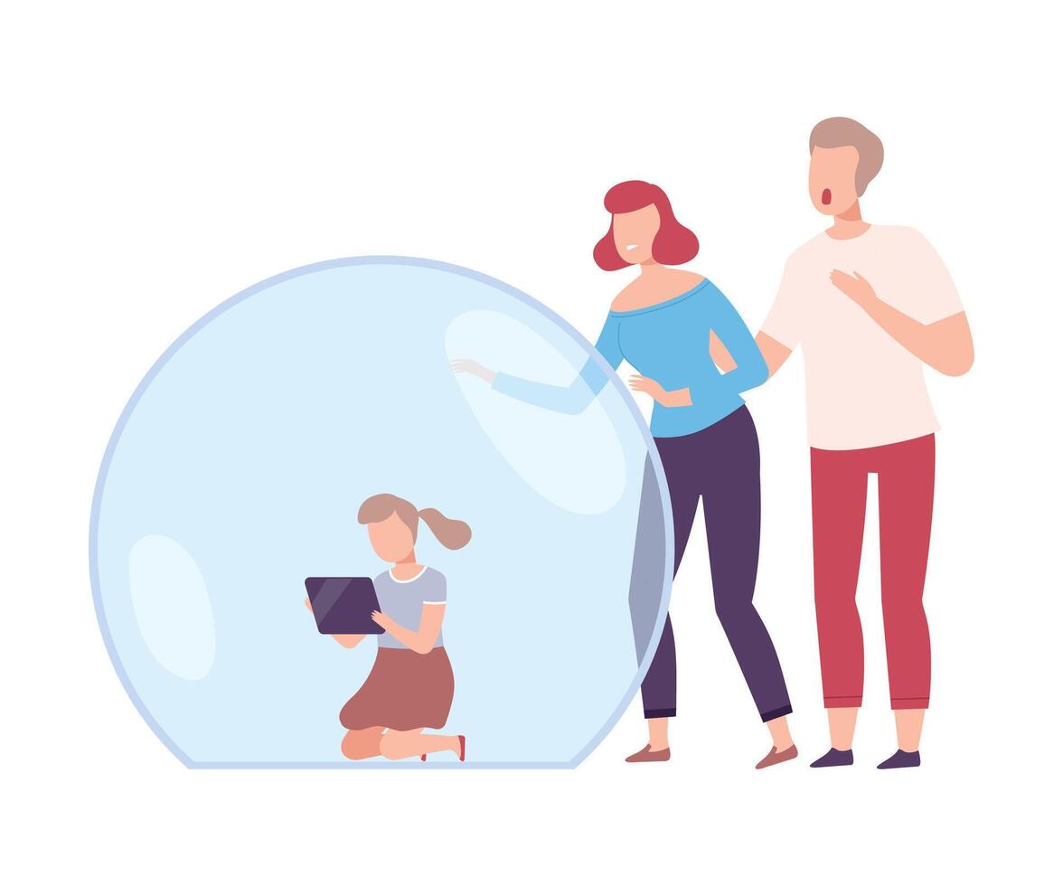 Little Girl Sitting with Laptop Computer in Transparent Protective Bubble, Parents Trying to Reach Her, Separation from Society Concept Flat Style Illustration vector