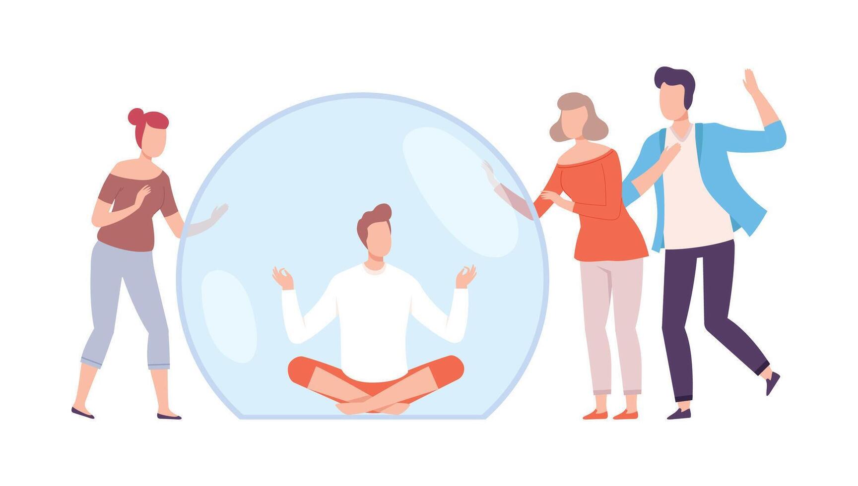 Young Man Meditating Inside Transparent Protective Bubble, Friends Trying to Reach Him, Separation from Society or Solitude Concept Flat Style Illustration vector