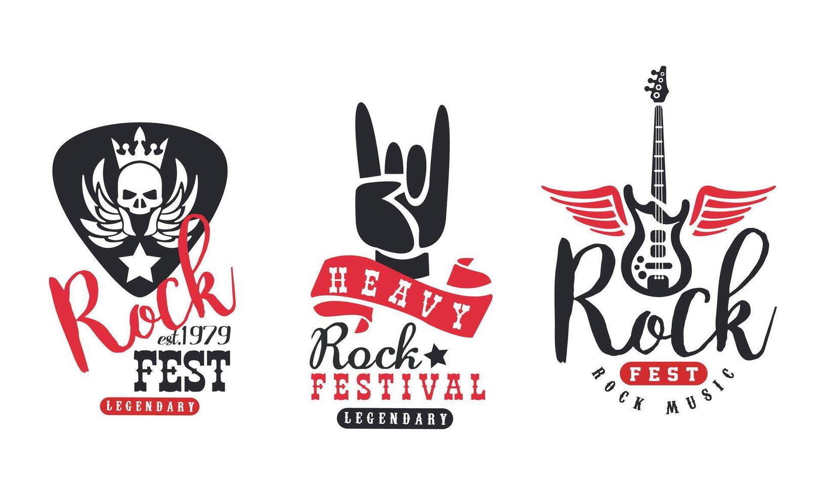 Legendary Rock Fest Logo Templates Set, Heavy Rock Festival Labels Illustration vector
