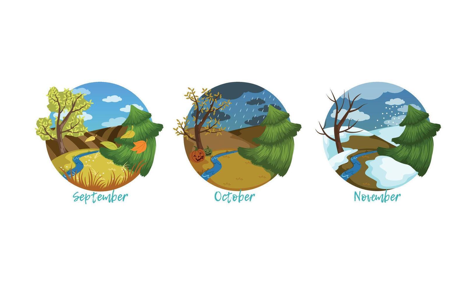 Three Months of the Year Set, Autumn Season Nature Landscape, September, October, November Months Illustration vector