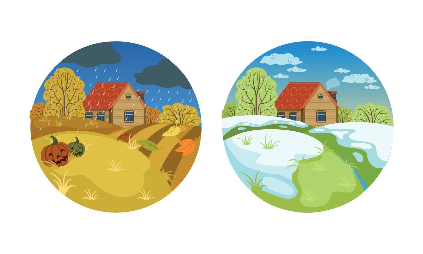 Autumn and Spring Landscape Set, Two Seasons of Nature, View of Small Country House in Circle Shape Cartoon Illustration vector