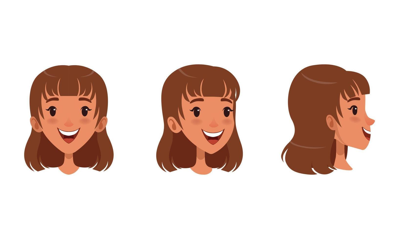 Cute Cheerful Brown Haired Girl Set, Different View of Girl Face, Front, Profile Side and Three Quarter View Cartoon Style Illustration vector