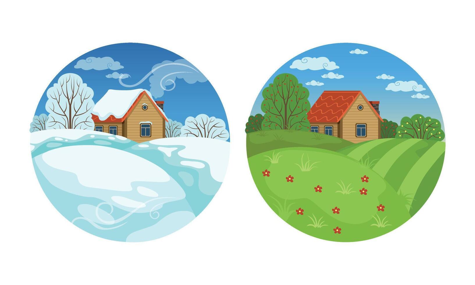 Winter and Summer Landscape Set, Two Seasons of Nature, View of Small Country House in Circle Shape Cartoon Illustration vector