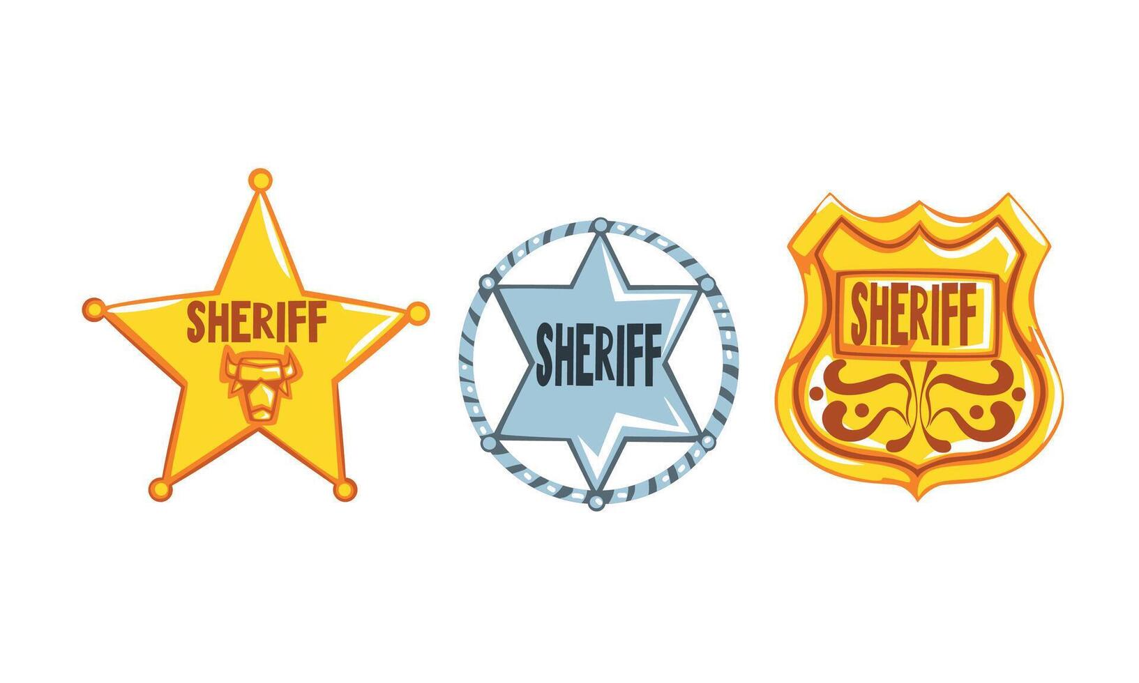 Sheriff Badges Set, Silver and Golden Police Signs Cartoon Style Illustration vector