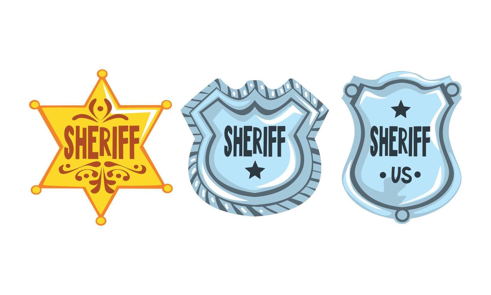 Silver and Golden Sheriff Badges Set, Police Badges Cartoon Style Illustration vector