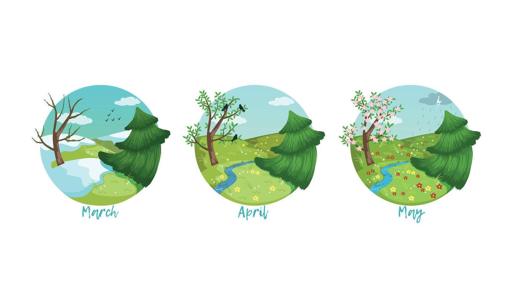 Three Months of the Year Set, Spring Season Nature Landscape, March, April, May Months Illustration vector