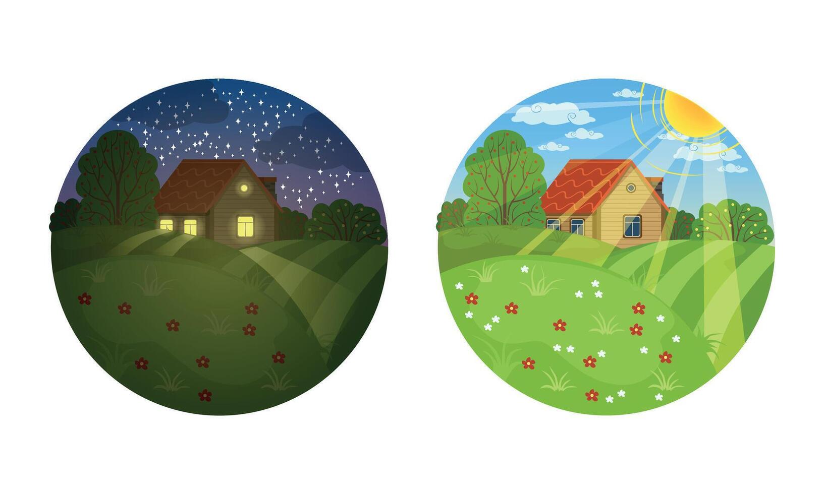View of Small Country House in Different Times of the Day Set, Rural Summer Landscape of Circular Shape Cartoon Illustration vector