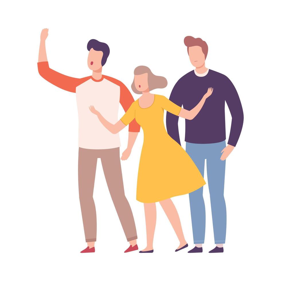 Young Men and Woman Looking at Something, Talking to Each Other and Gesturing Flat Style Illustration vector