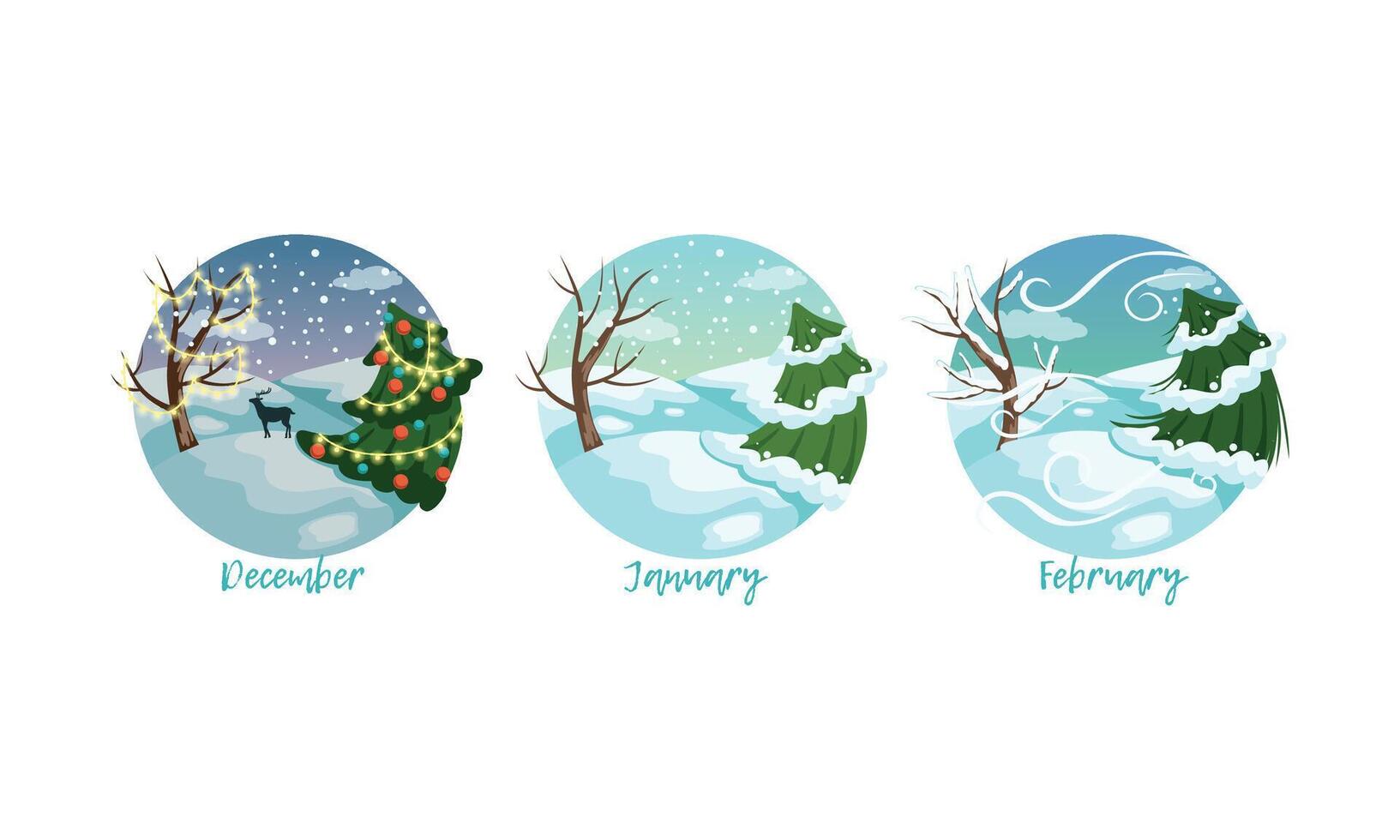 Three Months of the Year Set, Winter Season Nature Landscape, December, January, February Months Illustration vector
