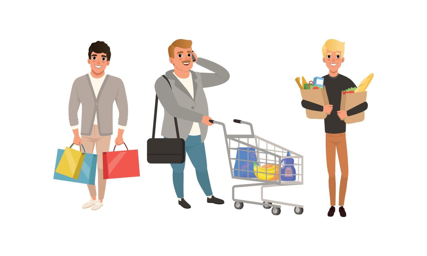 Young Man Carrying Shopping Bags and Pushing Cart with Purchases, Guys Taking Part in Seasonal Sale at Store, Mall or Shop Illustration vector
