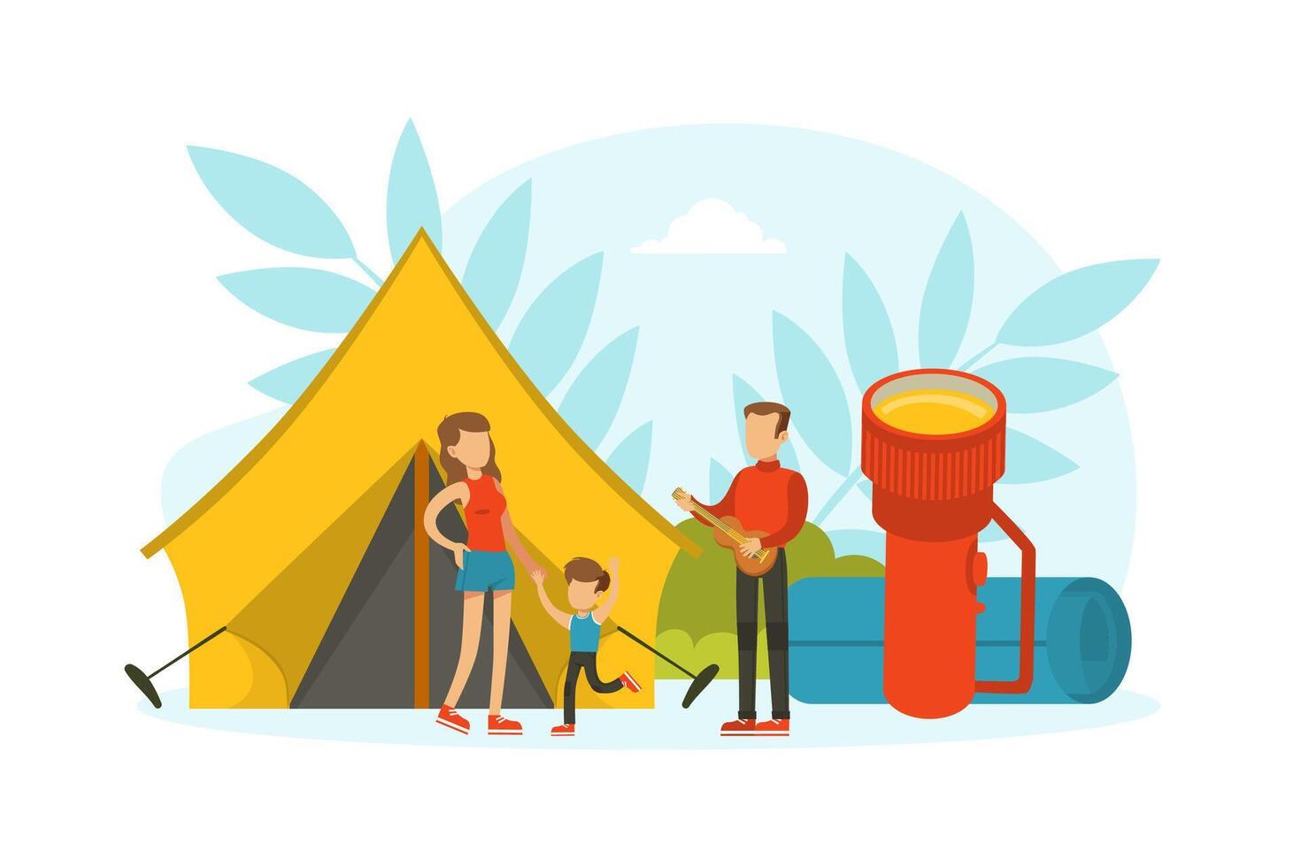 Tiny Tourists Characters Having Camping Trip, Huge Hiking Elements, Family Couple Going on Vacation Illustration vector