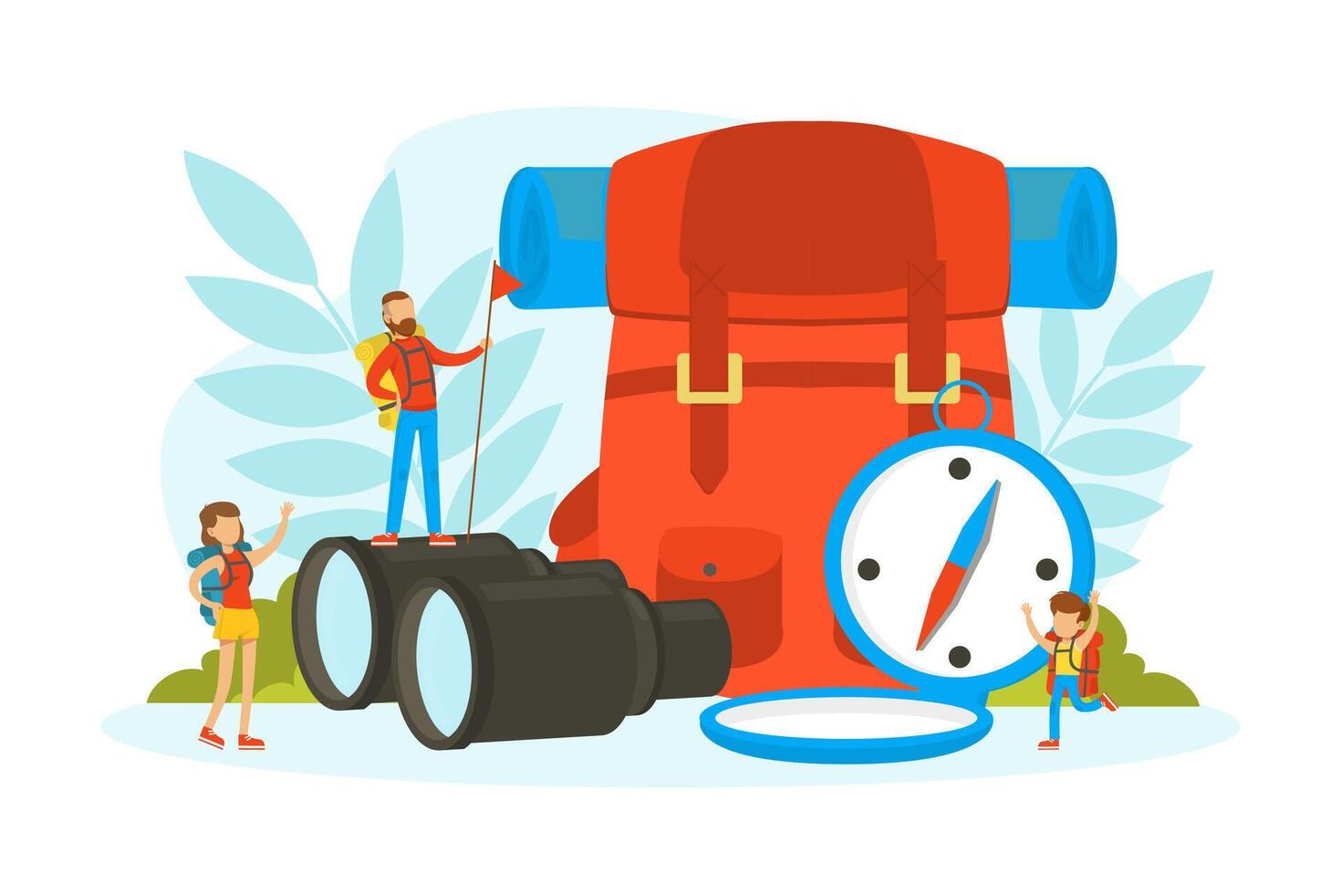 Tiny Tourists Characters with Huge Expedition and Hiking Equipment, Family Going on Vacation Illustration vector