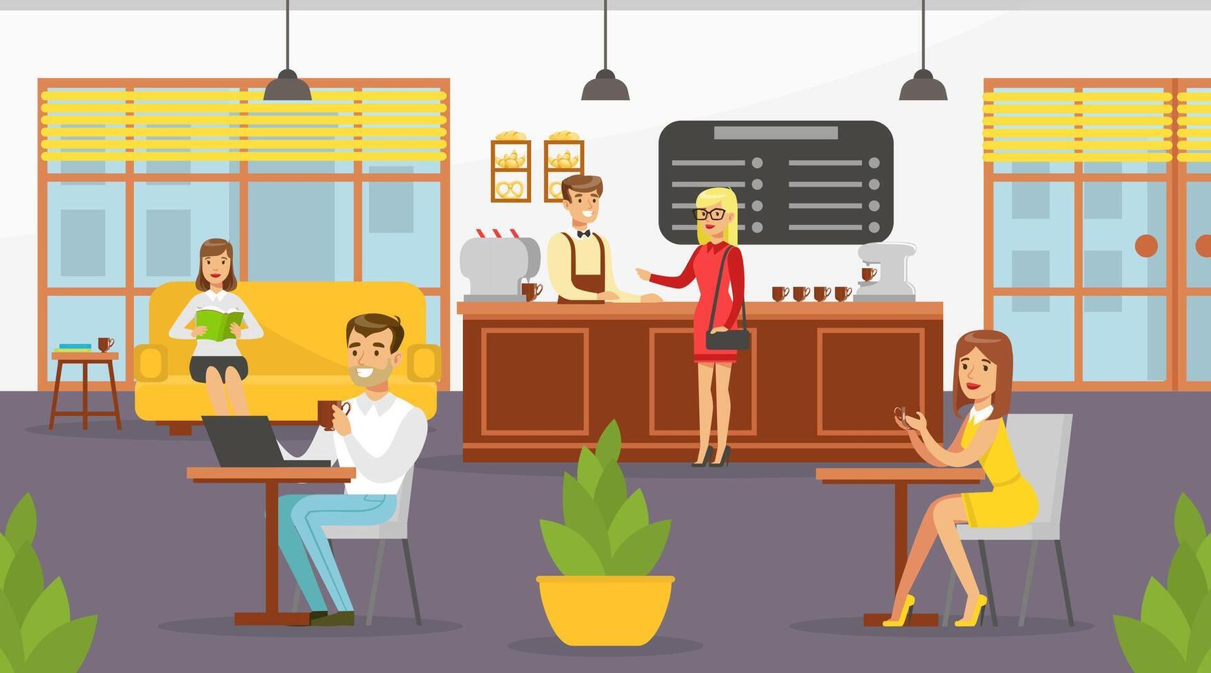 People Relaxing in Cafe Shop, Male Barista Serving Customers at Counter Illustration vector