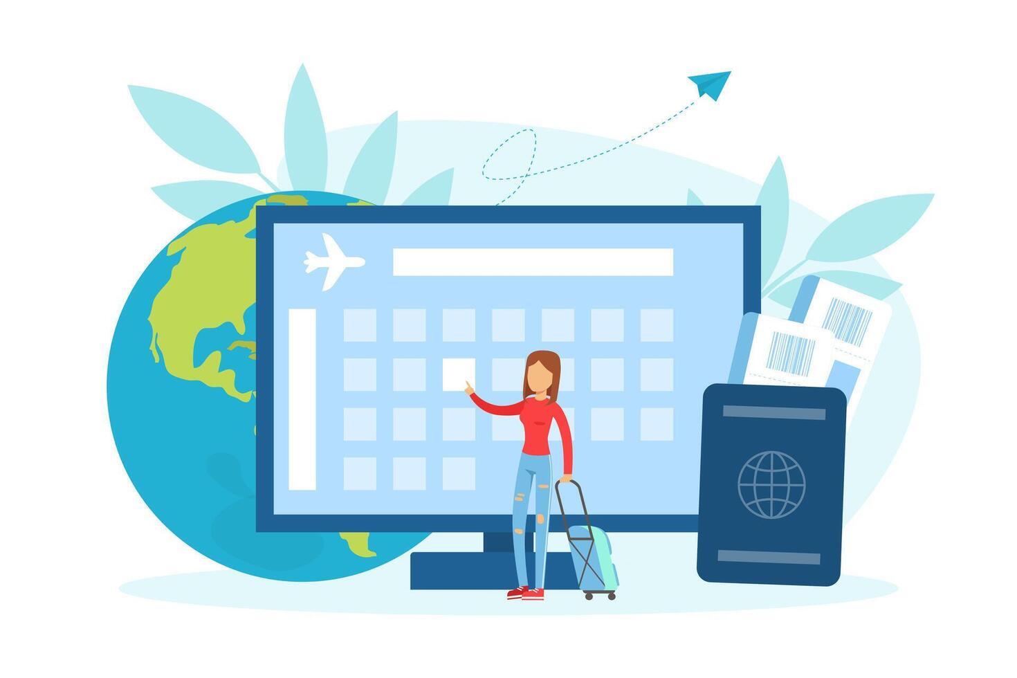 Tiny Woman Tourist Character Searching Flight Schedule, Traveling over the World Concept Illustration vector