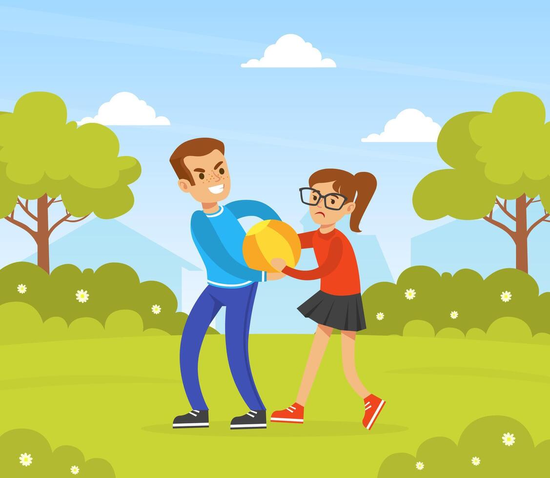Girl Get Bullied by Boy in Park, Boy Teasing and Taking Ball Away, Violence and Aggression between Children Concept Illustration vector