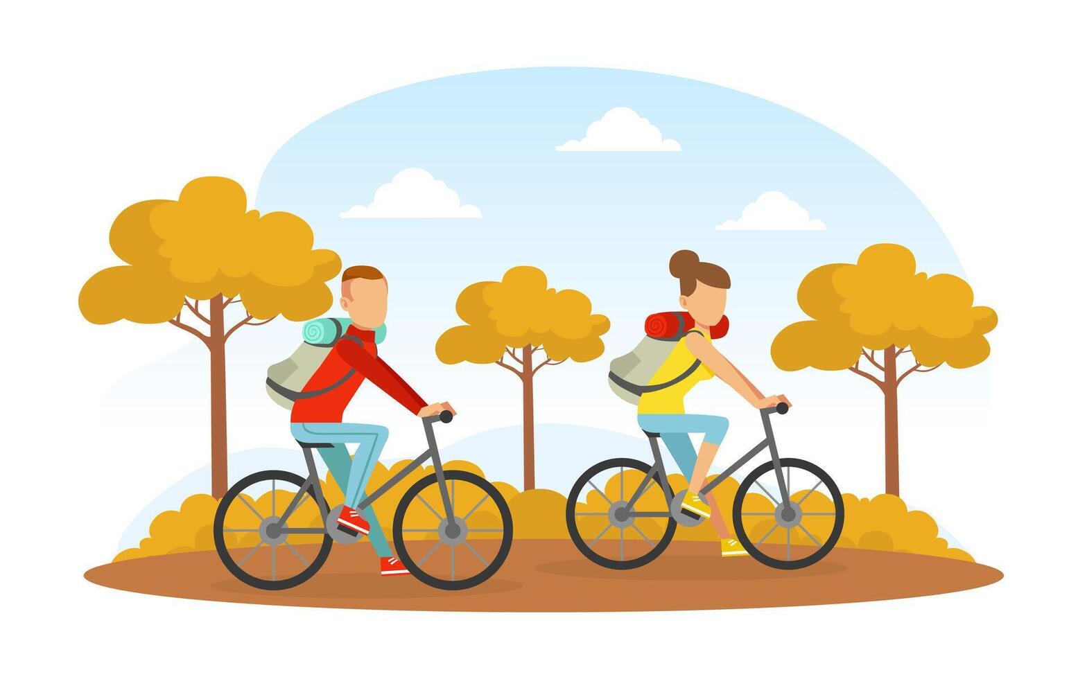 Couple Riding Bikes in Autumn Park, Outdoor Activities Concept Illustration vector