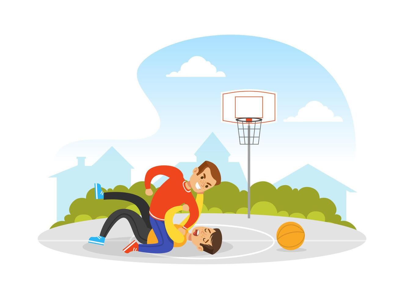 Two Boys Fighting on Basketball Playground, Violence and Aggression between Children Concept Illustration vector