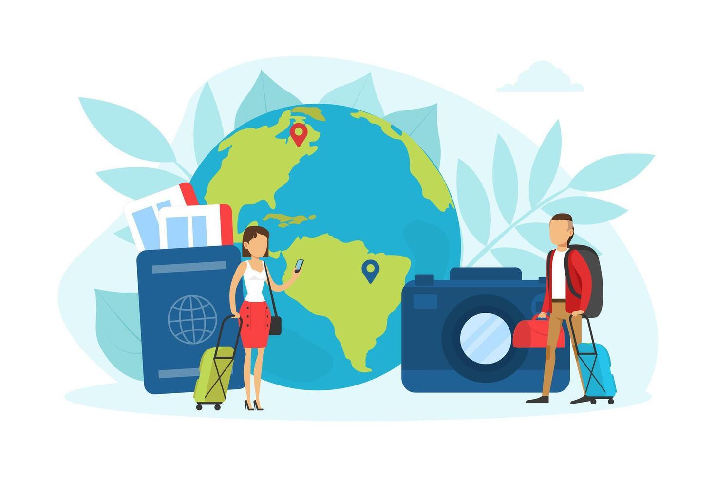 Tiny Tourists Characters Going on Vacation with Luggage, Traveling over the World Concept Illustration vector