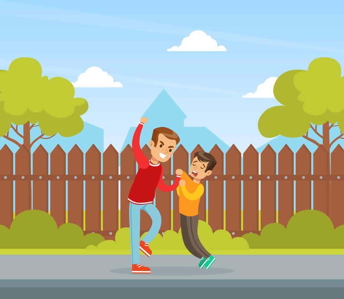 Boy Get Bullied by Another on Backyard, Aggressive Boy Bullying Younger, Violence and Aggression between Children Concept Illustration vector