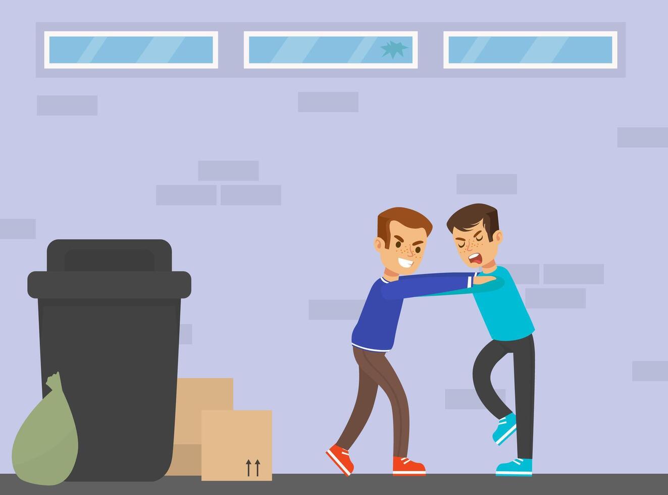 Two Boys Fighting Next to Trash, Violence and Aggression between Children Concept Illustration vector