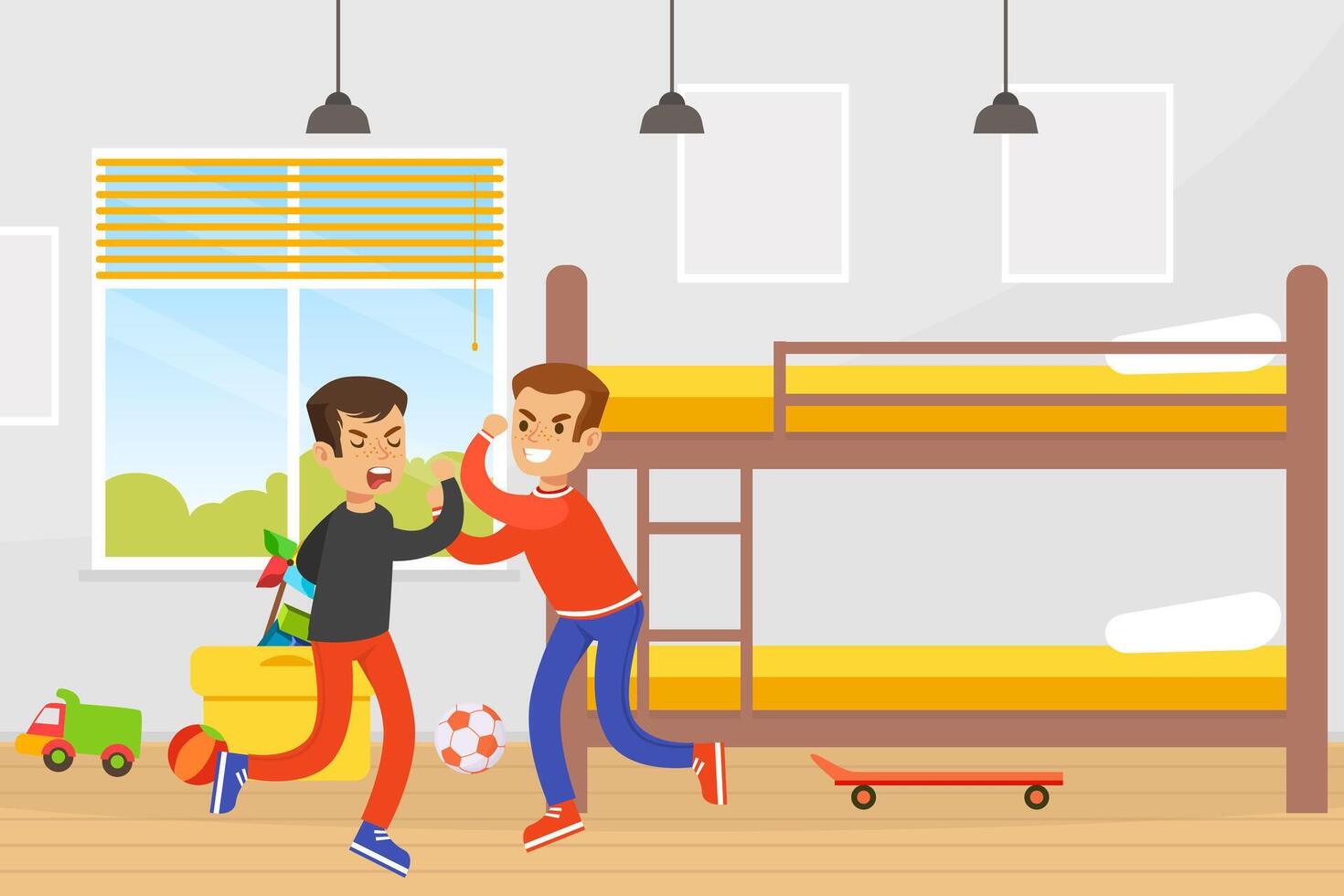 Two Boys Fighting in Room, Disagreement between Brothers, Violence and Aggression between Children Concept Illustration vector