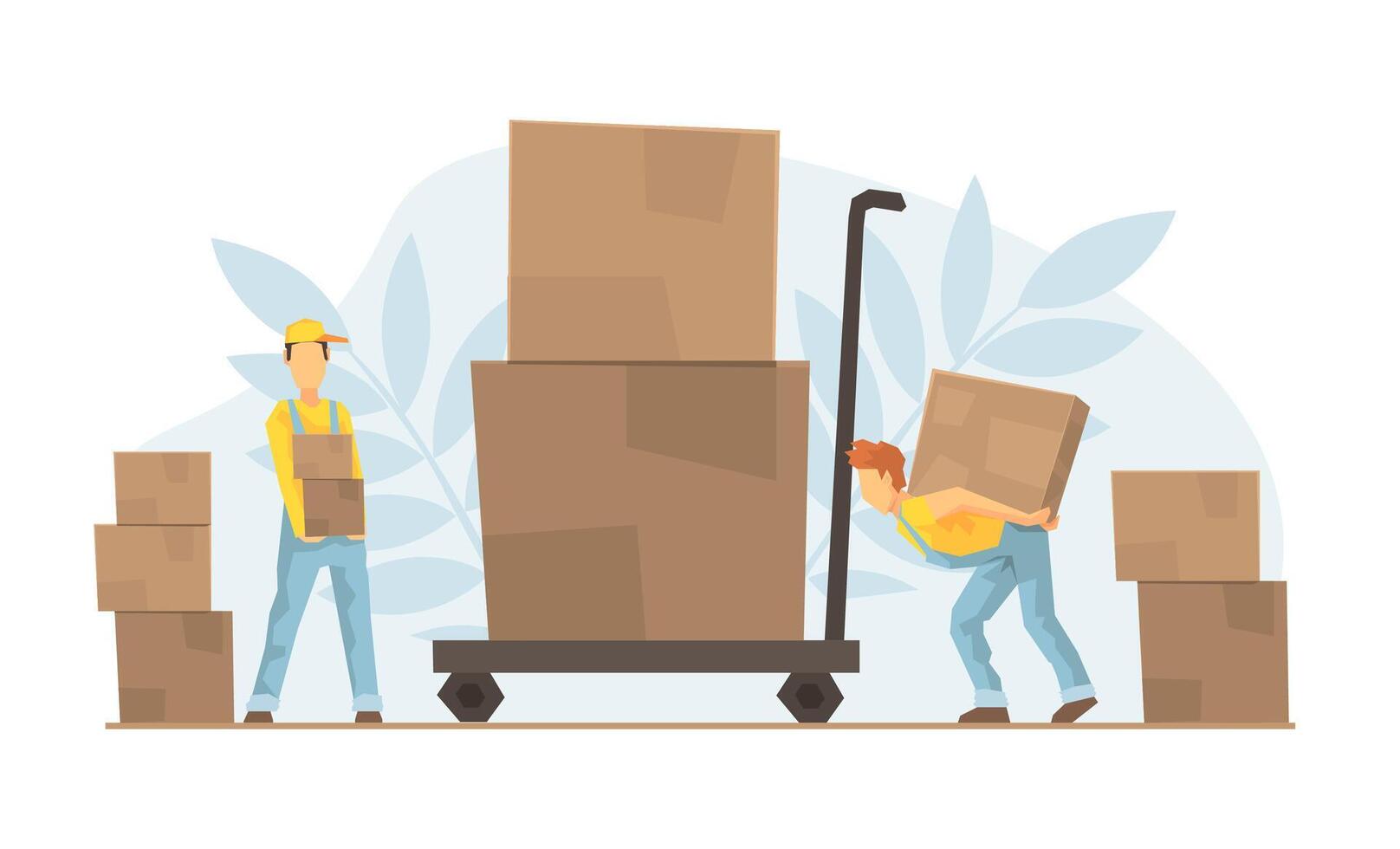 Tiny Warehouse Workers Loading Huge Boxes on Cart, Delivery Service, E-commerce Concept Illustration vector