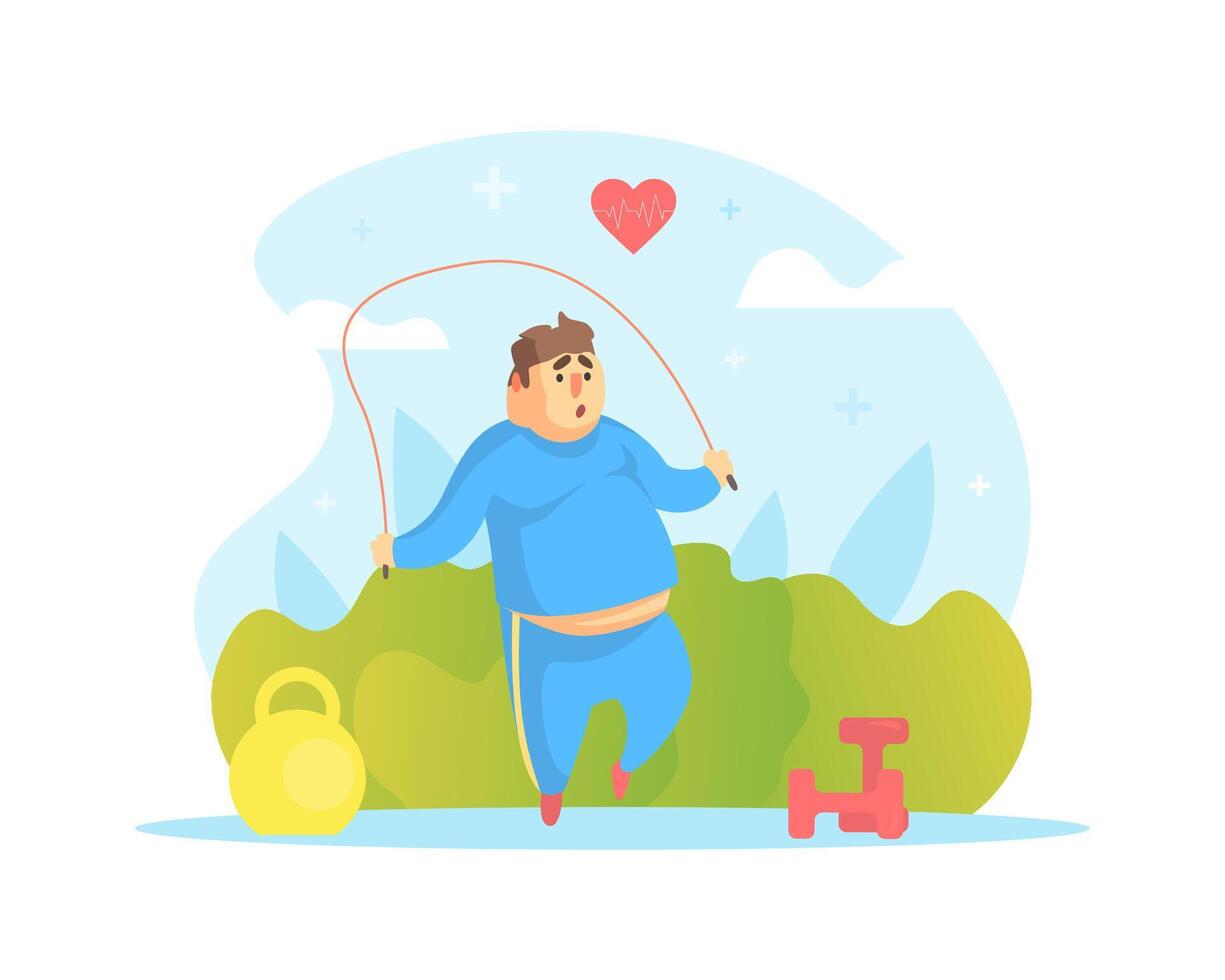 Chubby Man Jumping with Skipping Rope, Overweight Man Character Doing Workout Outdoors Illustration vector