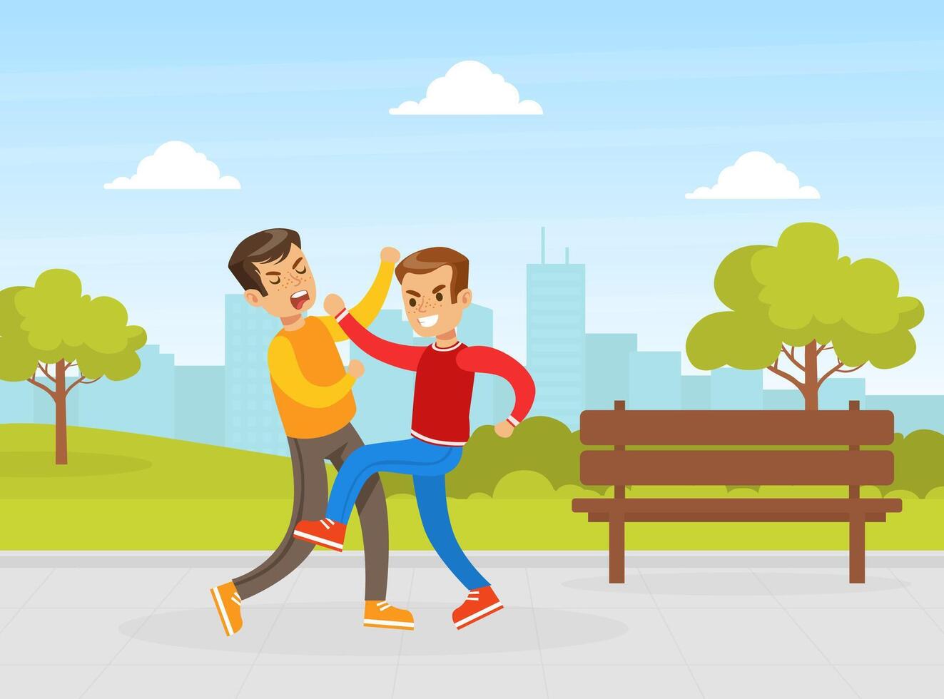Two Boys Fighting in Park, Children Pushing and Kicking Each Other, Violence and Aggression between Children Concept Illustration vector