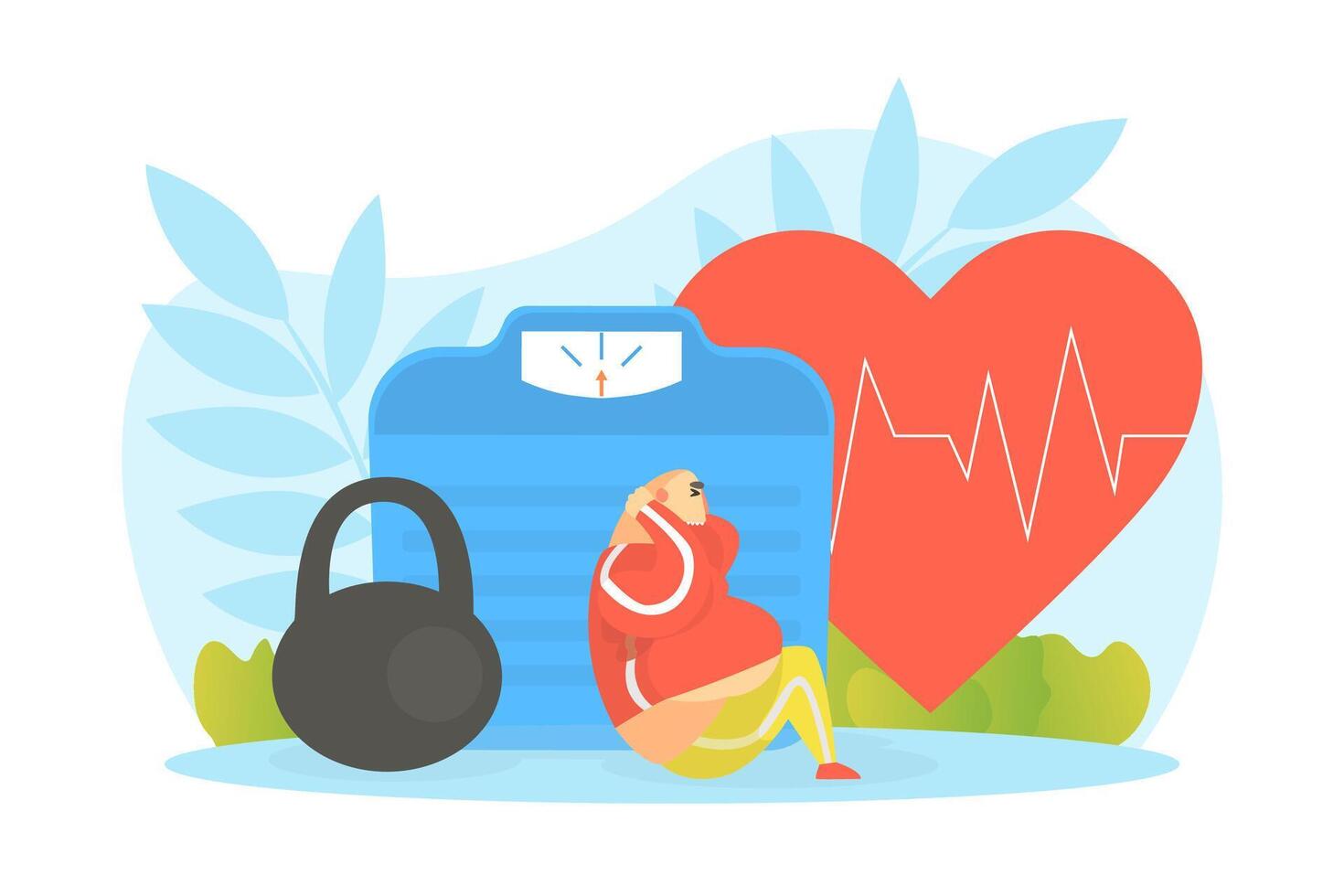Tiny Chubby Man Doing Crunches Sport Exercise, Overweight Man Character Doing Workout Illustration vector