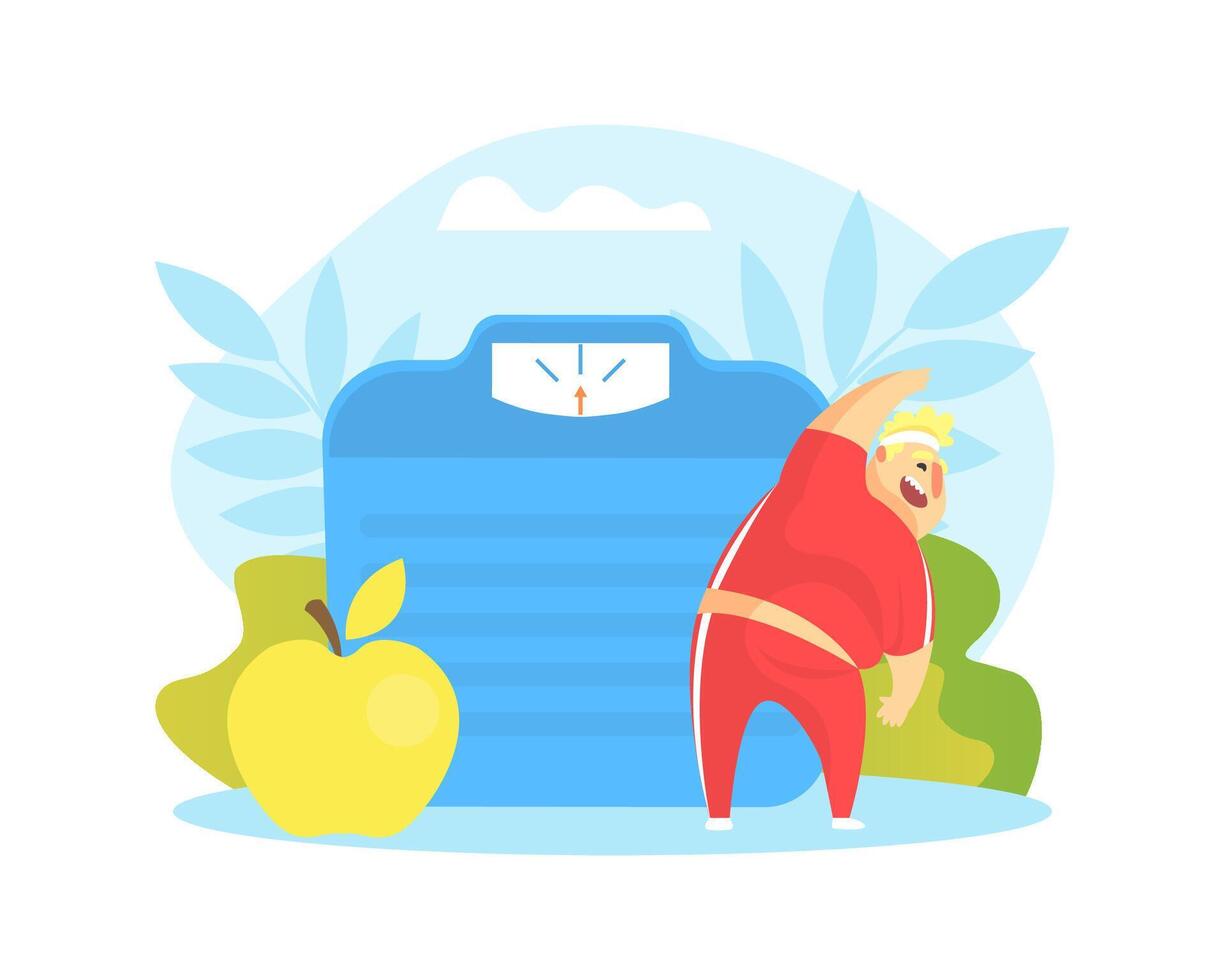 Tiny Chubby Man Doing Sport Exercise, Huge Scales and Healthy Food, Overweight Man Character Doing Workout Illustration vector