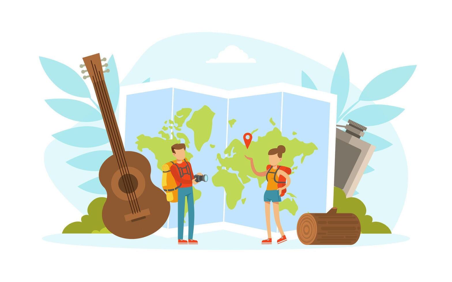 Tiny Tourists Characters with Huge Travel Camping and Hiking Elements, Young Man and Woman Going on Summer Vacation Illustration vector