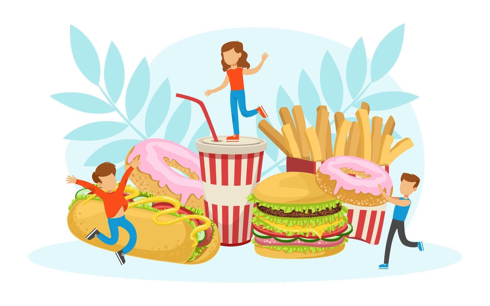 Tiny Children Having Fun with Fast Food, Boys and Girls Eating Junk Food Illustration vector