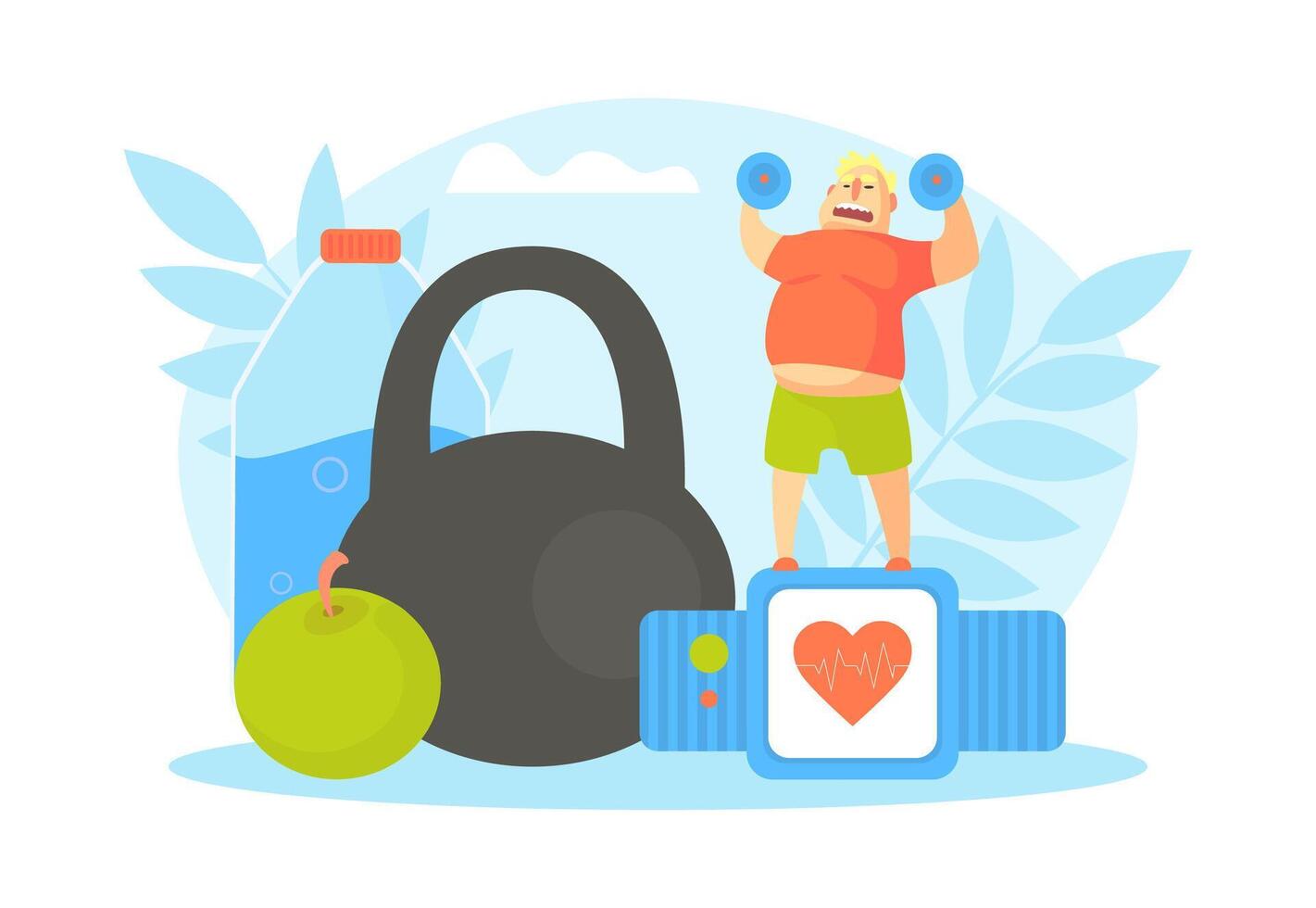 Tiny Chubby Man Exercising with Dumbbells, Overweight Man Character Doing Workout Illustration vector
