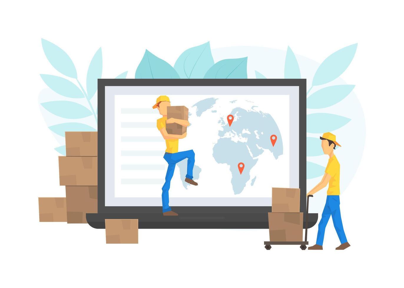 Male Workers Delivering Parcel Boxes through Computer Screen, Worldwide Delivery Service, E-commerce Concept Illustration vector