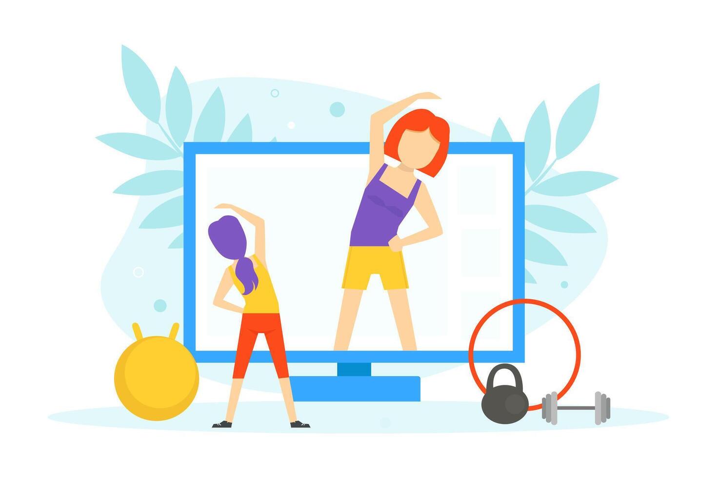Young Woman Doing Sports with Fitness Coach, Professional Personal Trainer Online, Active Healthy Lifestyle Concept Illustration vector