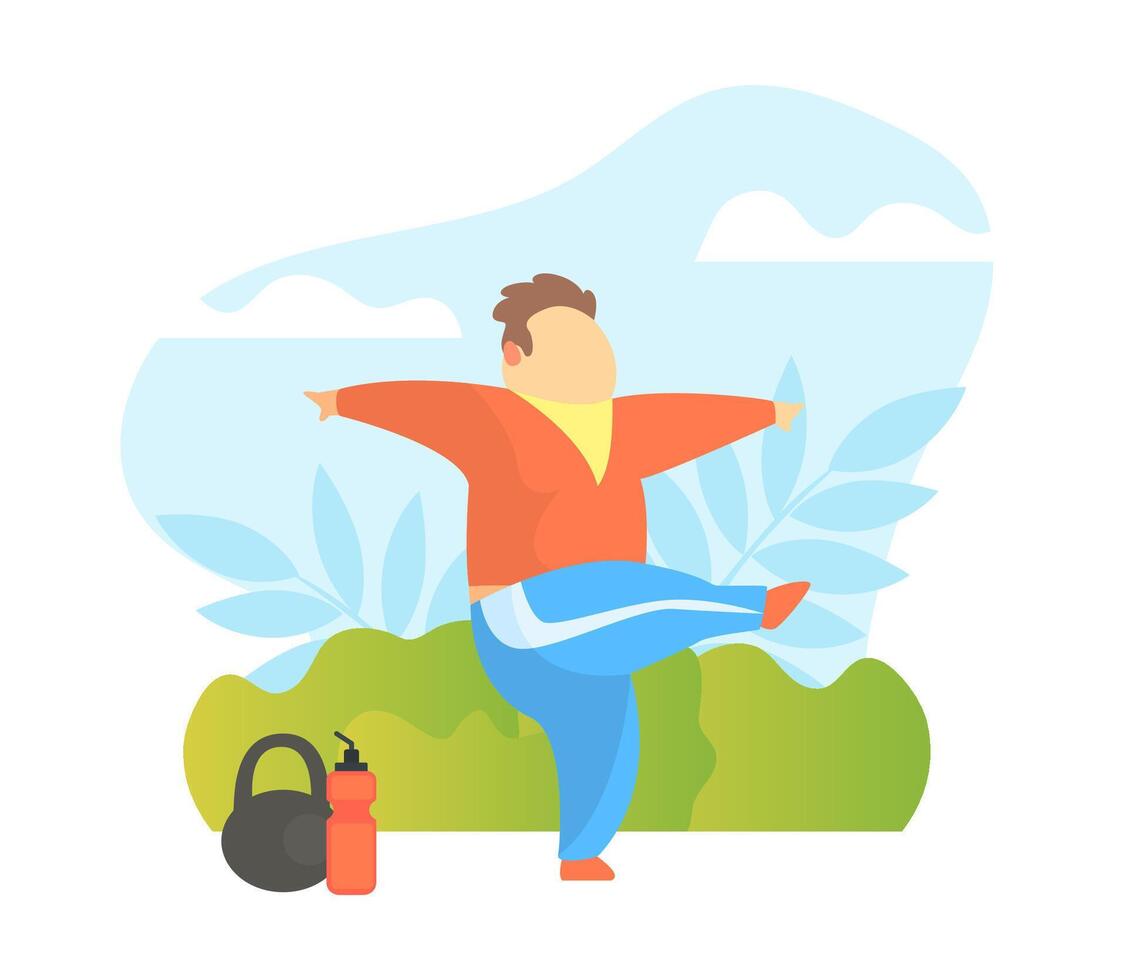 Chubby Man Doing Sport Exercise Outdoors, Overweight Man Character Doing Workout in Park Illustration vector
